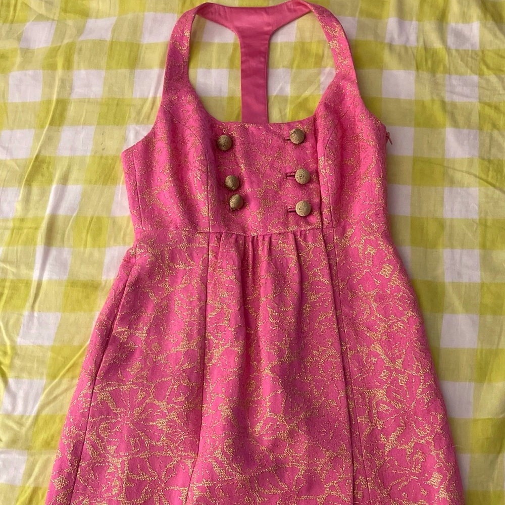 MILLY Pink Gold Metallic Jacquard Mini Dress Cocktail Dress size 4